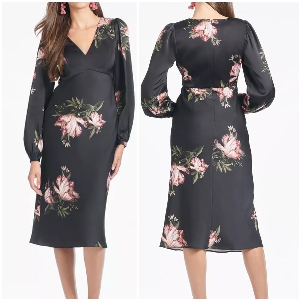 Sachin & Babi NWT Satin Floral Midi Dress V-neck Long Sleeve Size 0 THREAD PULLS